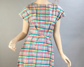 Vintage 60s Dress// Raw Silk Spring Dress// Rainbow Plaid Silk 60s Dress (F1)