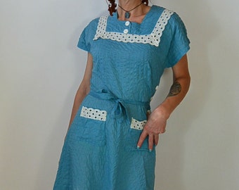 Vintage 50s House Dress/ Rockabilly// Turquoise Dress// Maids Dress// 50s Dress (F1)