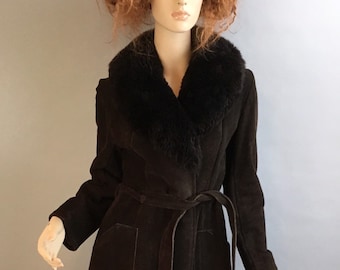Vintage Faux Shearling Coat// 70s Shearling Maxi Coat// Penny Lane Suede and Faux Fur Coat (F1)