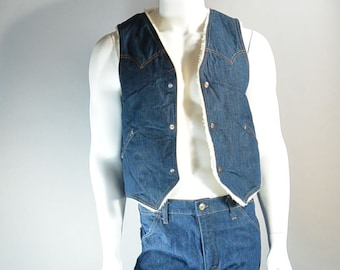 70s Western Style Denim Vest// Snap Button Vest// Shearling Cowboy Vest (F1)