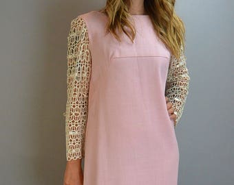 Mod Cotton Pink Dress// Mod 60s Dress// Ribbon Sleeve Shift Dress L