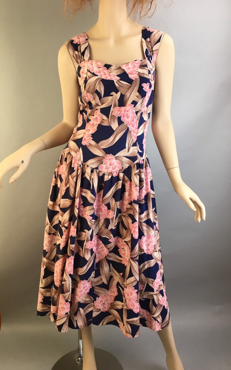 Vintage 80s Hilo Hattie Dress 80s Floral Hawaiian Dress Drop waist vintage Hawaiian Dress