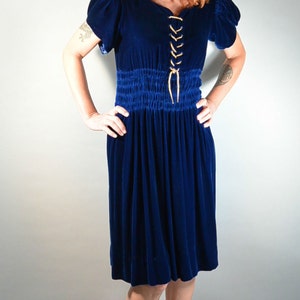 Velvet 20s Style Dress// Blue Velvet Dress// Short Sleeve Dress Depression era (F1)