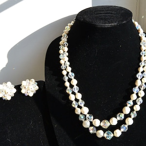 Laguna Pearl and Aurora Borealis Crystal Bead Necklace with Matching Clip On Earrings F1 image 1