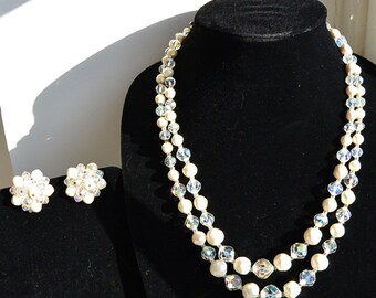 Laguna Pearl and Aurora Borealis Crystal Bead Necklace with Matching Clip On Earrings (F1)