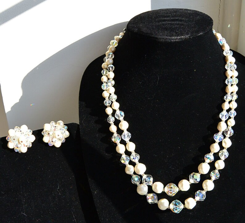 Laguna Pearl and Aurora Borealis Crystal Bead Necklace with Matching Clip On Earrings F1 image 1