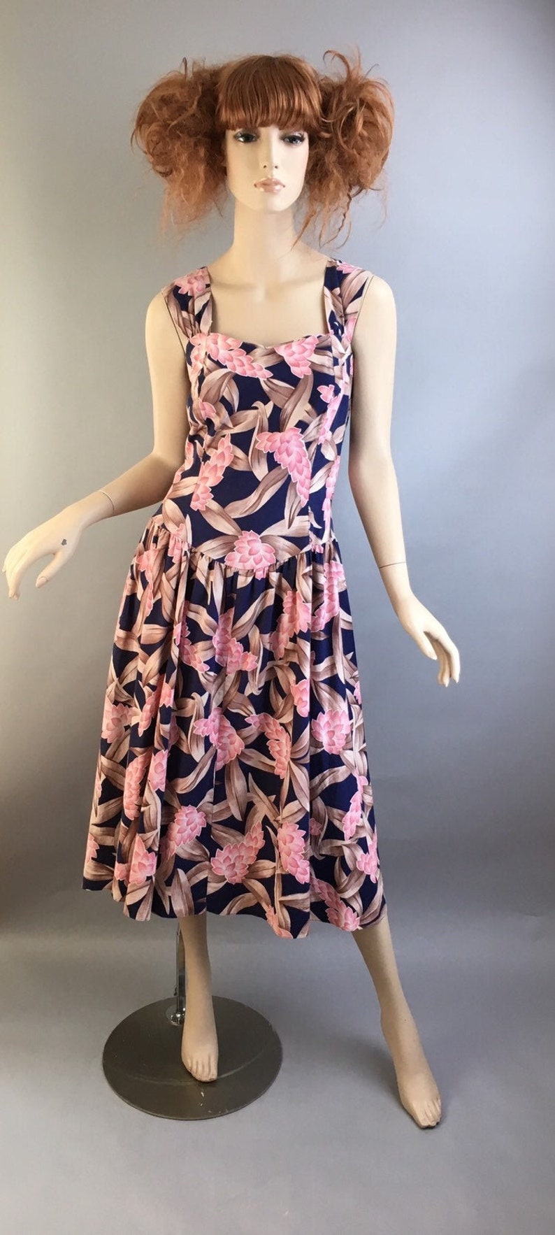 Vintage 80s Hilo Hattie Dress 80s Floral Hawaiian Dress Drop waist vintage Hawaiian Dress