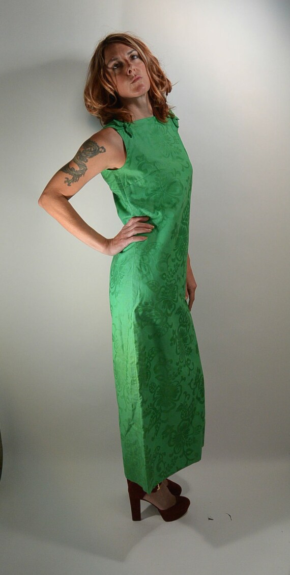60s Maxi Dress// Oriental Long Dress// Grass Gree… - image 2