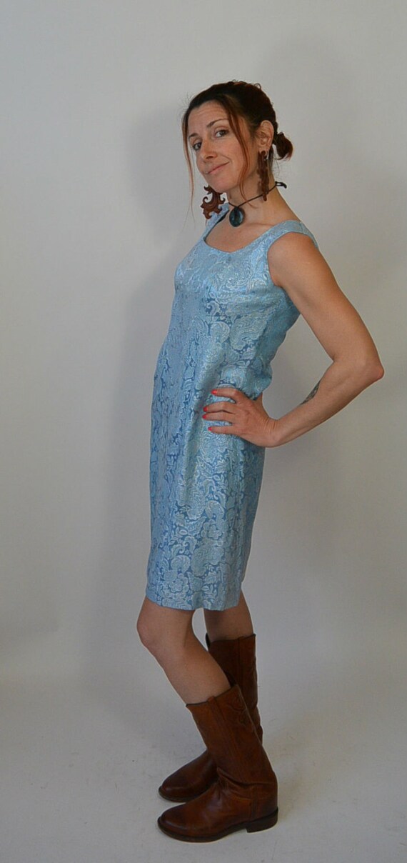 Brocade Baby Blue Prom Dress// 60s shesth Dress//… - image 2