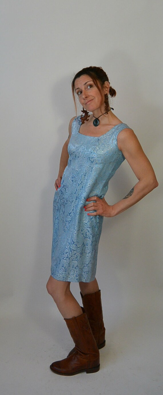 Brocade Baby Blue Prom Dress// 60s shesth Dress//… - image 3