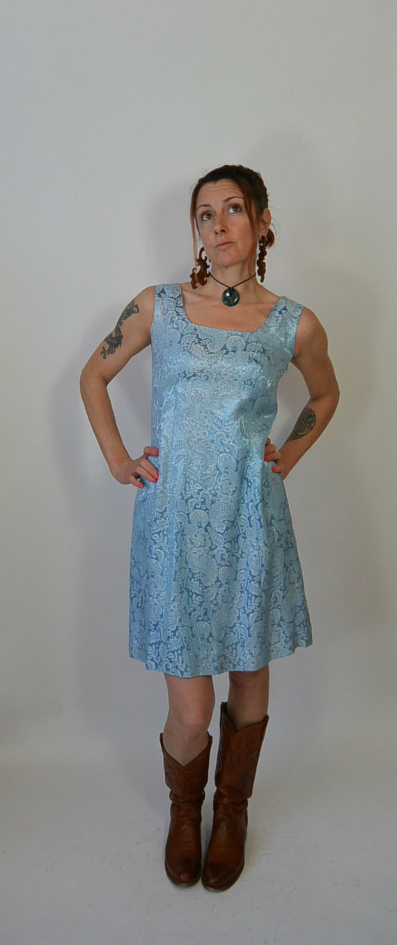 Brocade Baby Blue Prom Dress// 60s shesth Dress// 