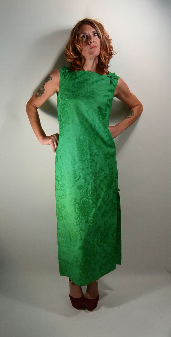 60s Maxi Dress// Oriental Long Dress// Grass Gree… - image 4