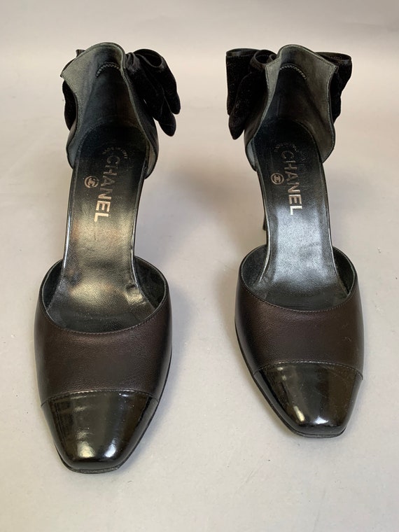 CHANEL black patent leather lace up tie mary jane style heels 38