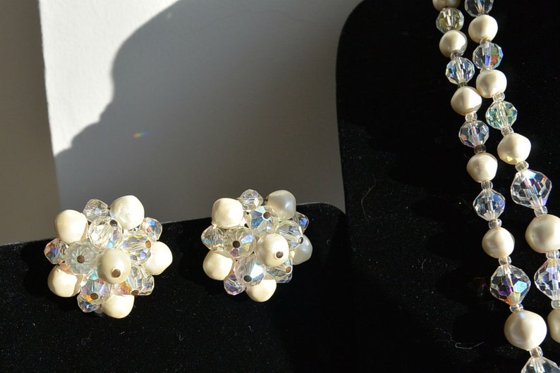 Laguna Pearl and Aurora Borealis Crystal Bead Necklace with Matching Clip On Earrings F1 image 2