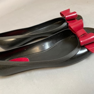 Valentino Red Flats// V Red Designer Rubber Flats// Rare Valentino Rubber Flats with Bow