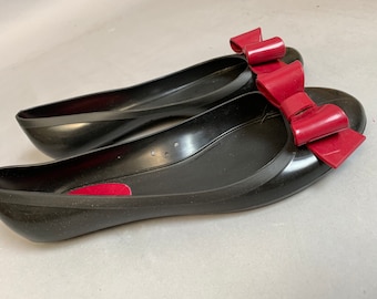 Valentino Red Flats// V Red Designer Rubber Flats// Rare Valentino Rubber Flats with Bow