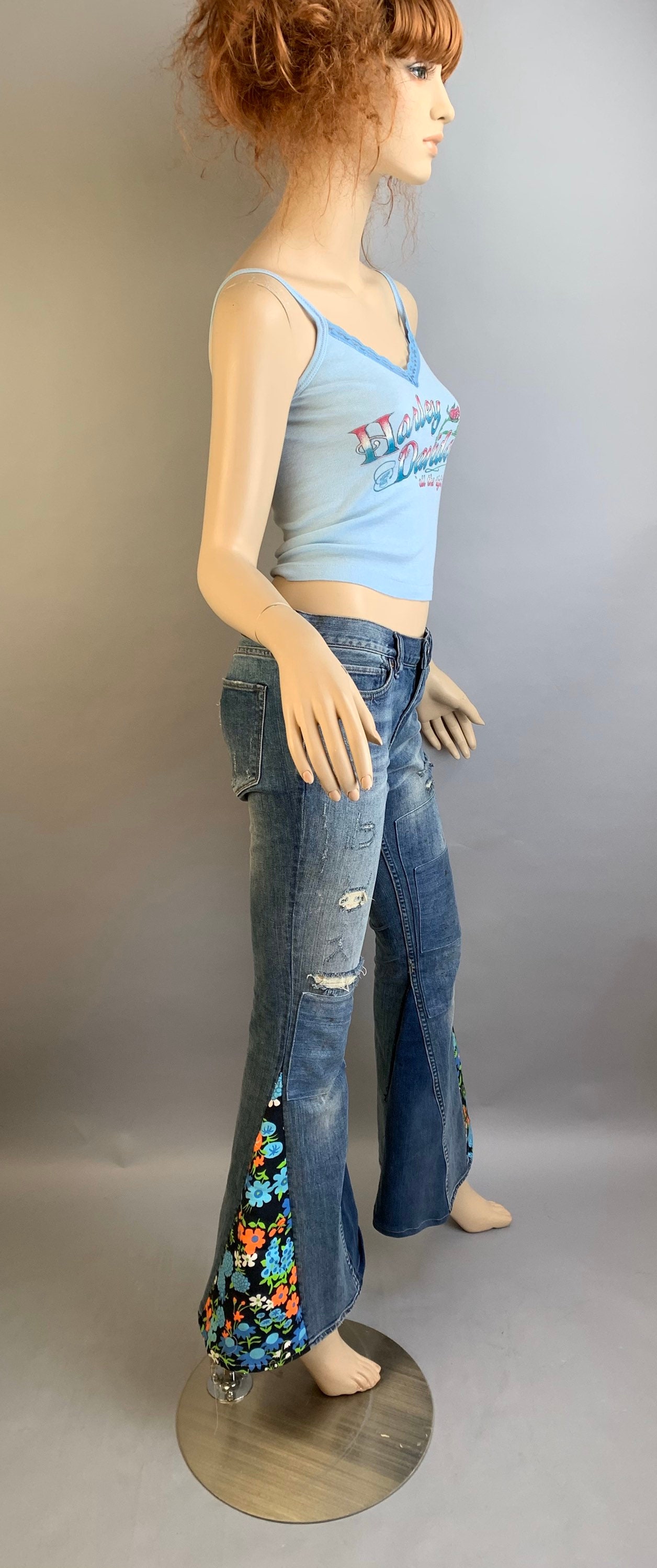 Visual Reference: Vintage Style Bell Bottom Jeans Up Cycled Flared Leg Denim
