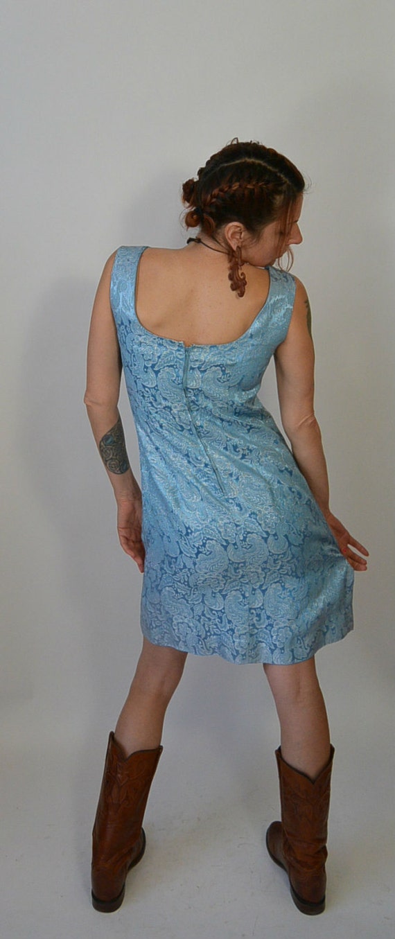 Brocade Baby Blue Prom Dress// 60s shesth Dress//… - image 4
