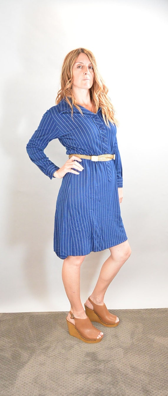 Blue Striped 60s Shirt Dress// Knit Mad Men Dress… - image 2