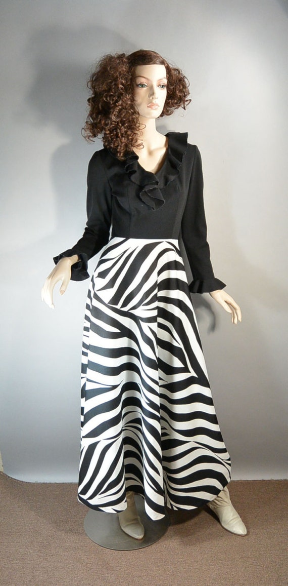 Vintage Disco Dress// 70s Zebra Dress// Maxi Disco