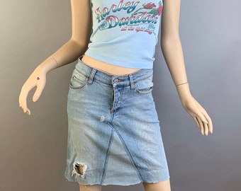 Vintage Up-cycled Jeans Skirt// Repurposed Denim Skirt// Vintage Style Reworked Denim Jeans Skirt