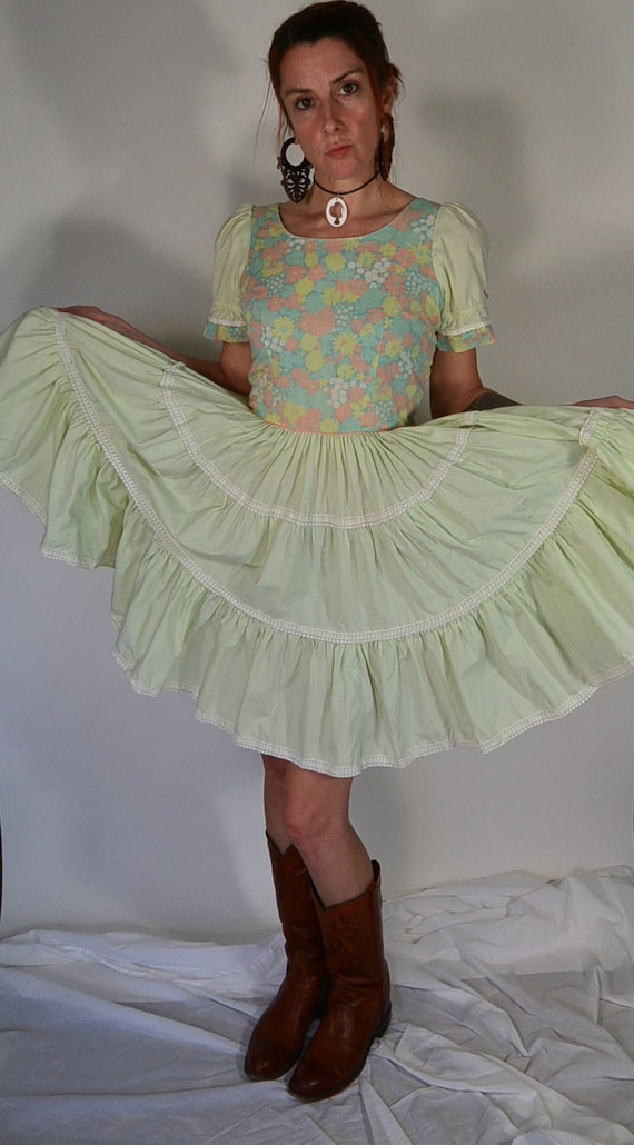 Square Dance Dress// 60s Lime Green Vintage Dress/