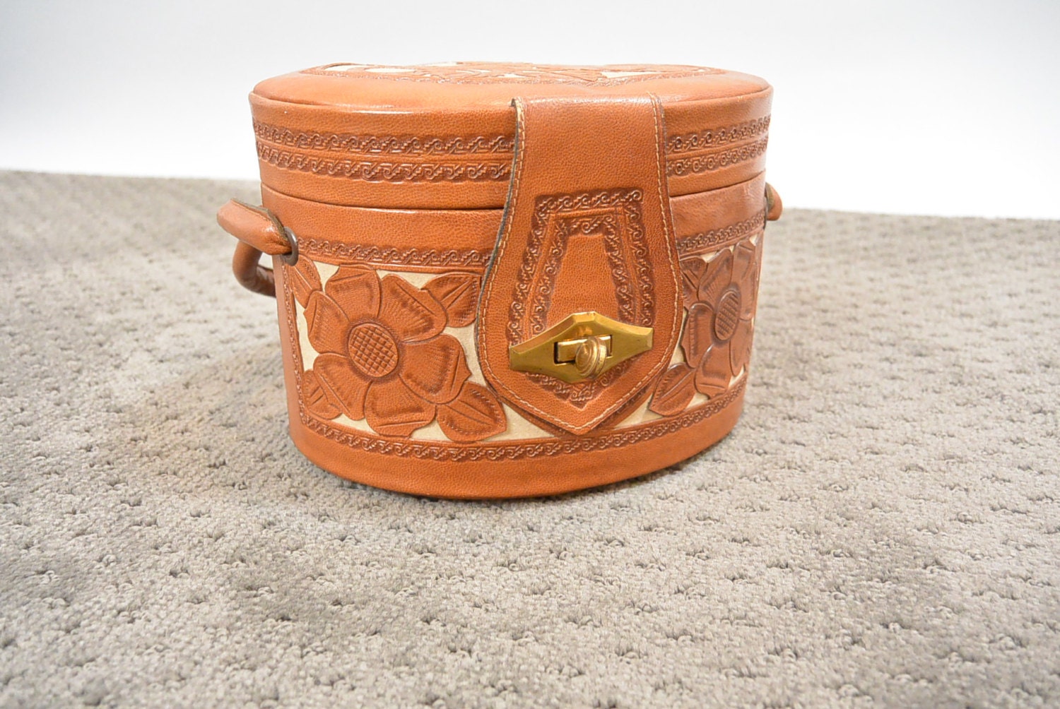 Vintage 30s Tooled Leather Purse// Pill Box Leather Purse// Vintage