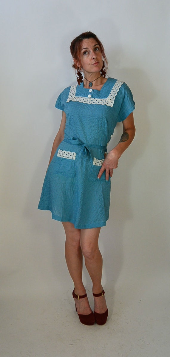 Vintage 50s House Dress/ Rockabilly// Turquoise D… - image 1