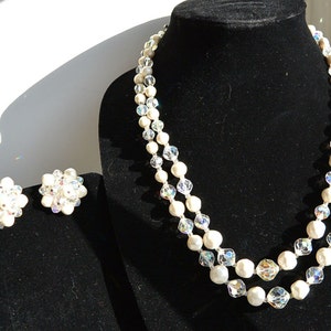 Laguna Pearl and Aurora Borealis Crystal Bead Necklace with Matching Clip On Earrings F1 image 3