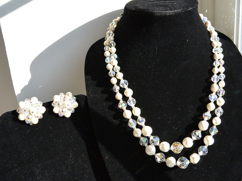 Laguna Pearl and Aurora Borealis Crystal Bead Necklace with Matching Clip On Earrings F1 image 3