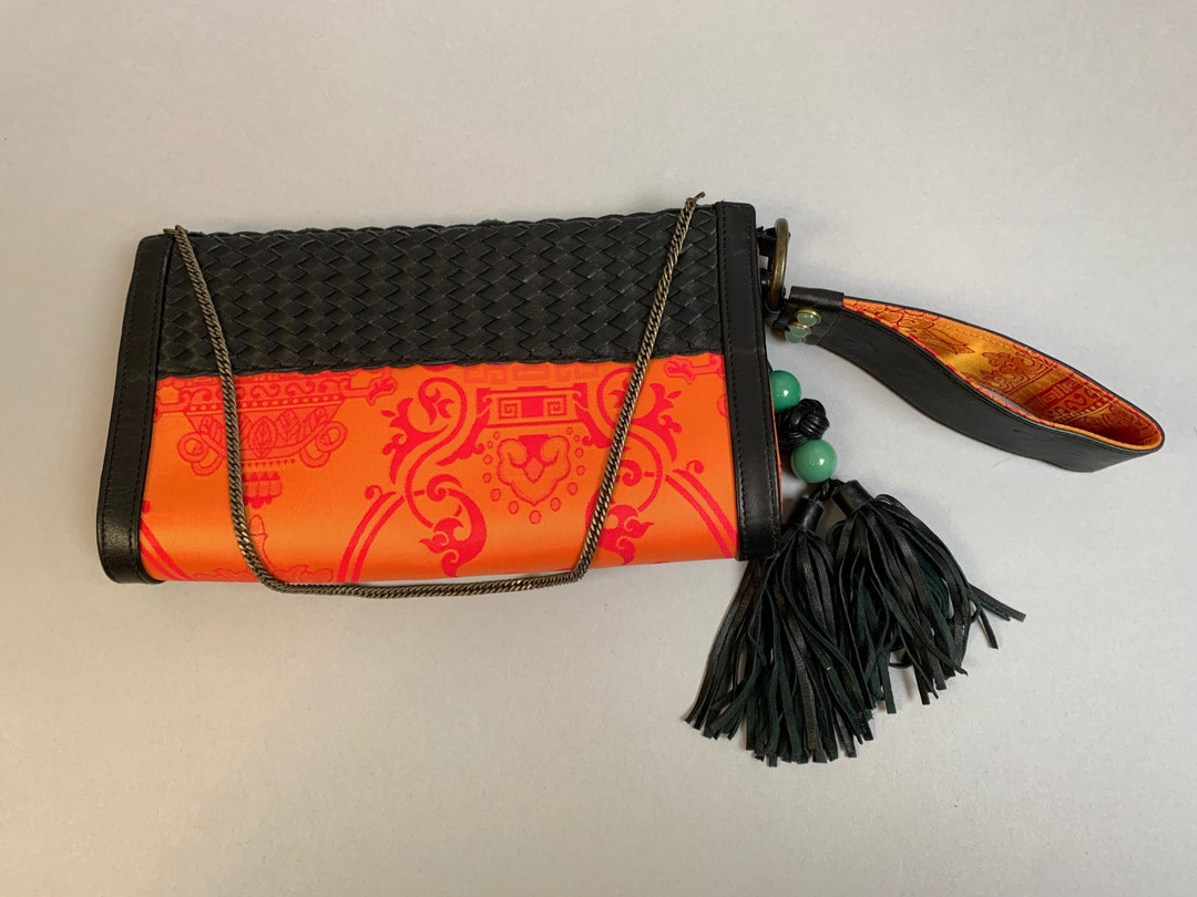 Shanghai Tang Handbag// Vintage Designer Purse// Silk and Leather
