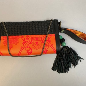 Shanghai Tang Handbag// Vintage Designer Purse// Silk and Leather Wristlet