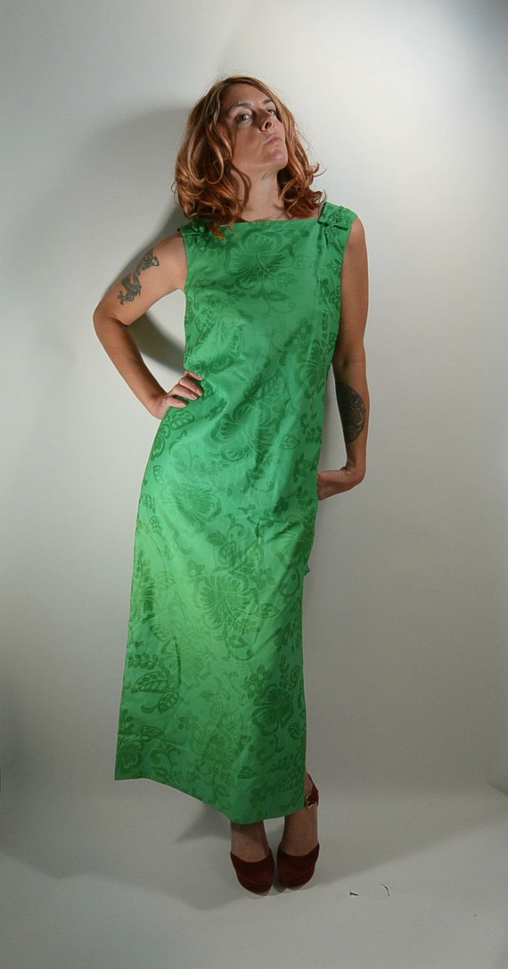 60s Maxi Dress// Oriental Long Dress// Grass Gree… - image 1