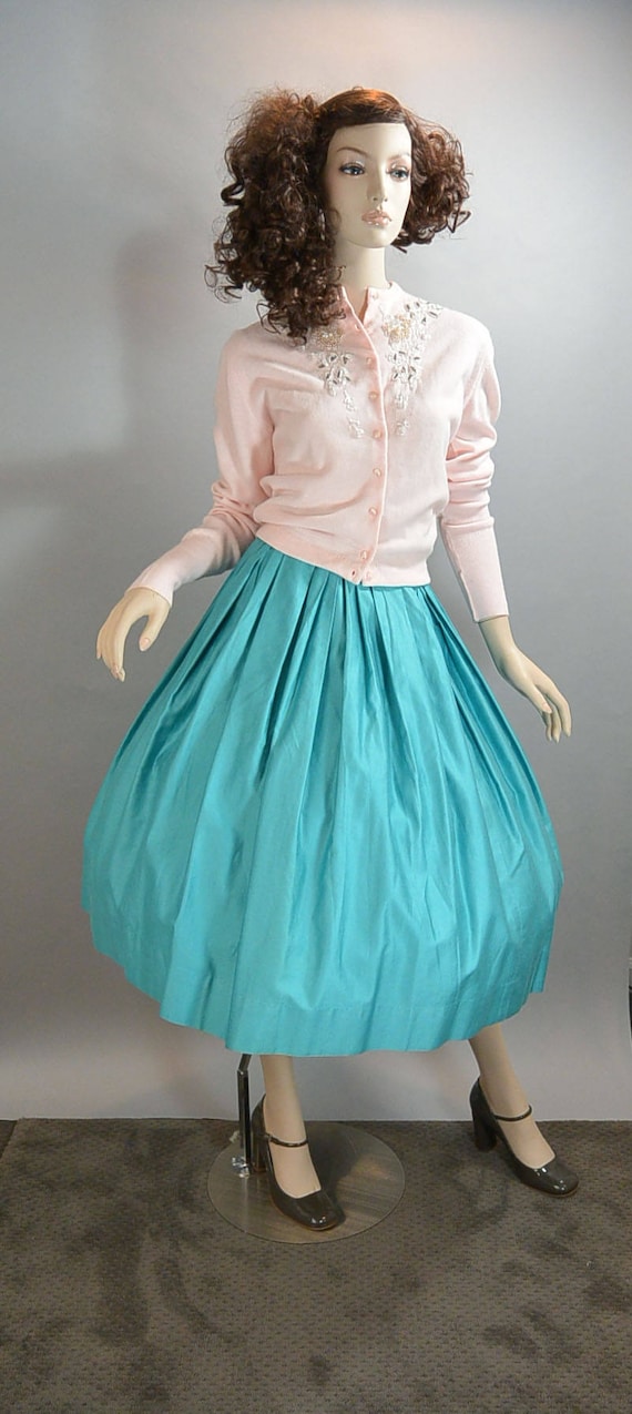 60s Pleated Skirt// Circle Skirt// Mad Men Turquo… - image 1