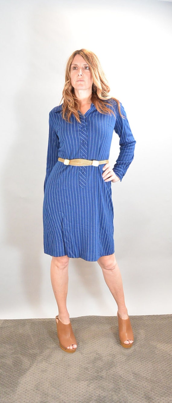Blue Striped 60s Shirt Dress// Knit Mad Men Dress… - image 1