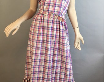 Vintage 70s Dress// Pastel Gingham Summer Dress// Vintage Sleeveless Preppy Summer Dress Size Small (F1)