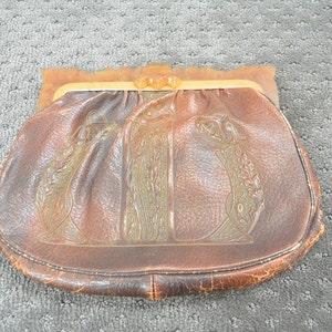 20s Tooled Leather Vintage Purse// Tooled Leather Clutch Bakelite Handle