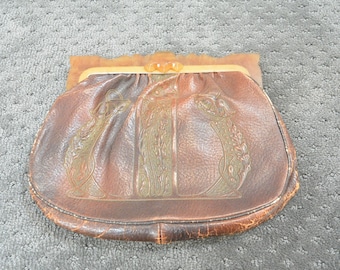 20s Tooled Leather Vintage Purse// Tooled Leather Clutch Bakelite Handle