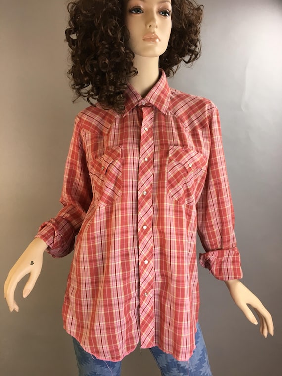 Vintage Western Shirt// Gold and Pink Western Shirt// 80s Large cowboy Shirt (F1)