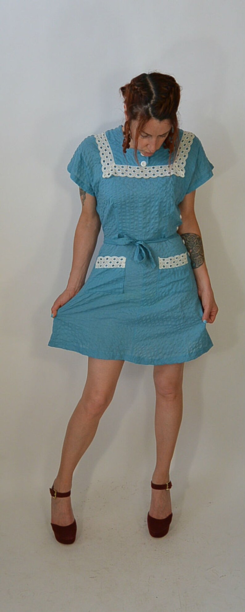 Vintage 50s House Dress/ Rockabilly// Turquoise Dress// Maids Dress