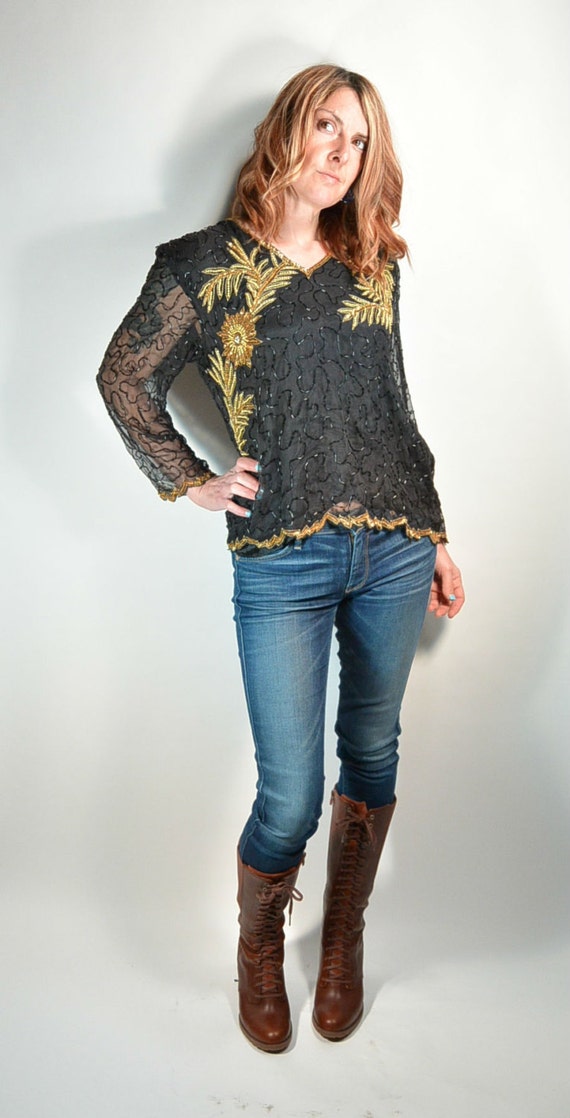 Beaded Sequin Shirt// 80s Dynasty Shirt// Beautifu