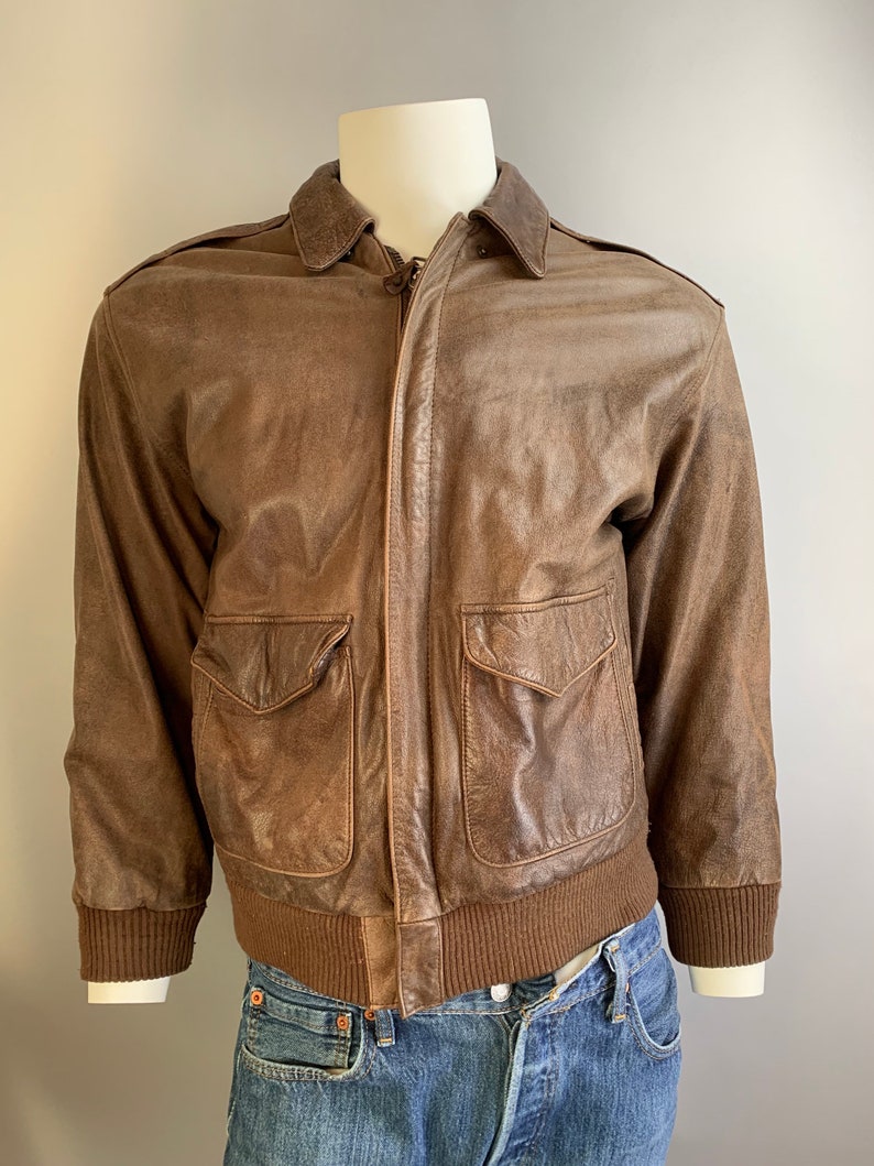 Vintage Bomber Jacket// 80s Brown Leather Jacket// Top Gun Leather Jacket image 1