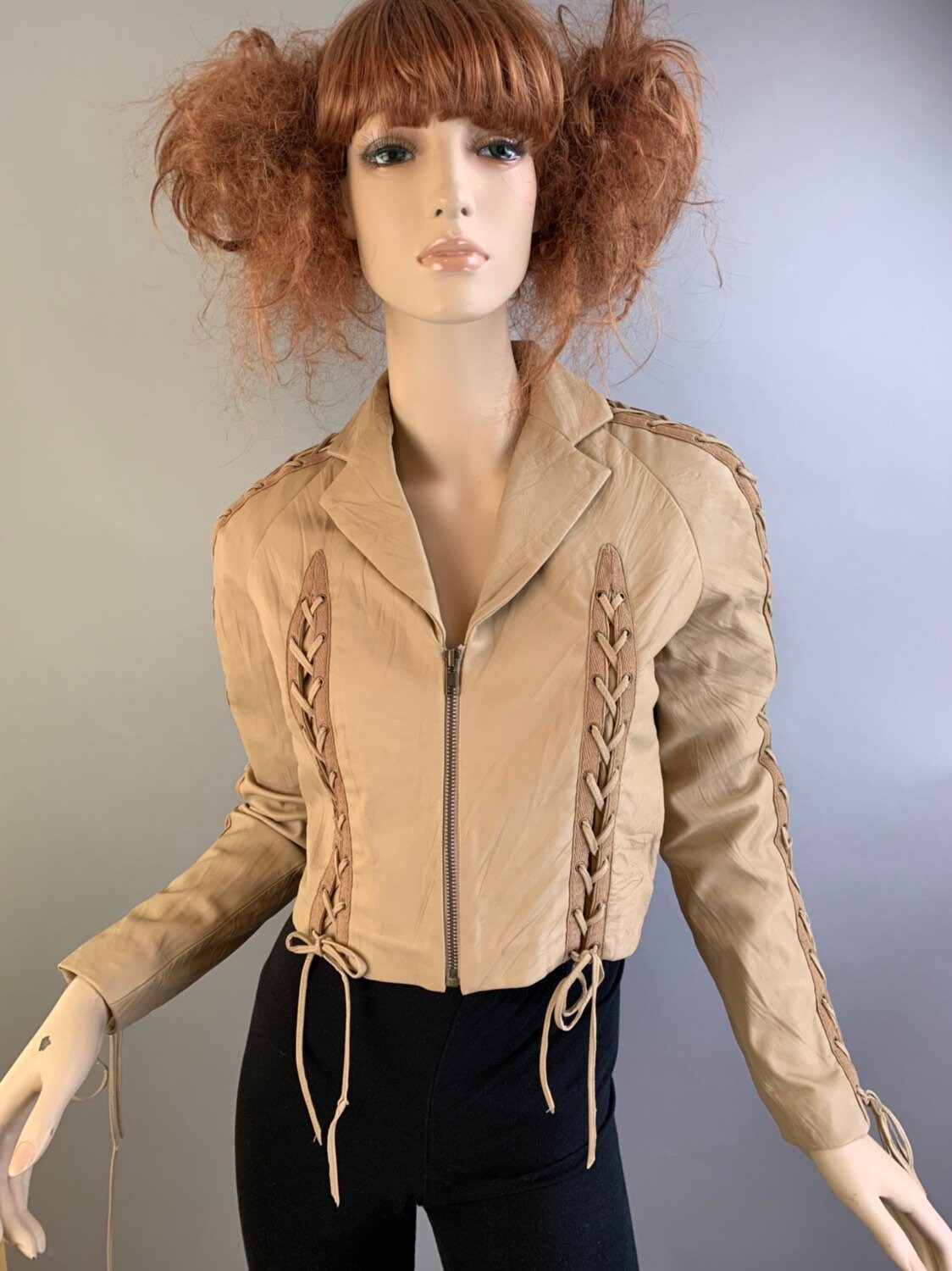 Womens Leather Jacket Rodarte Crinkle Leather Jacket Lace Up Leather Designer Jacket