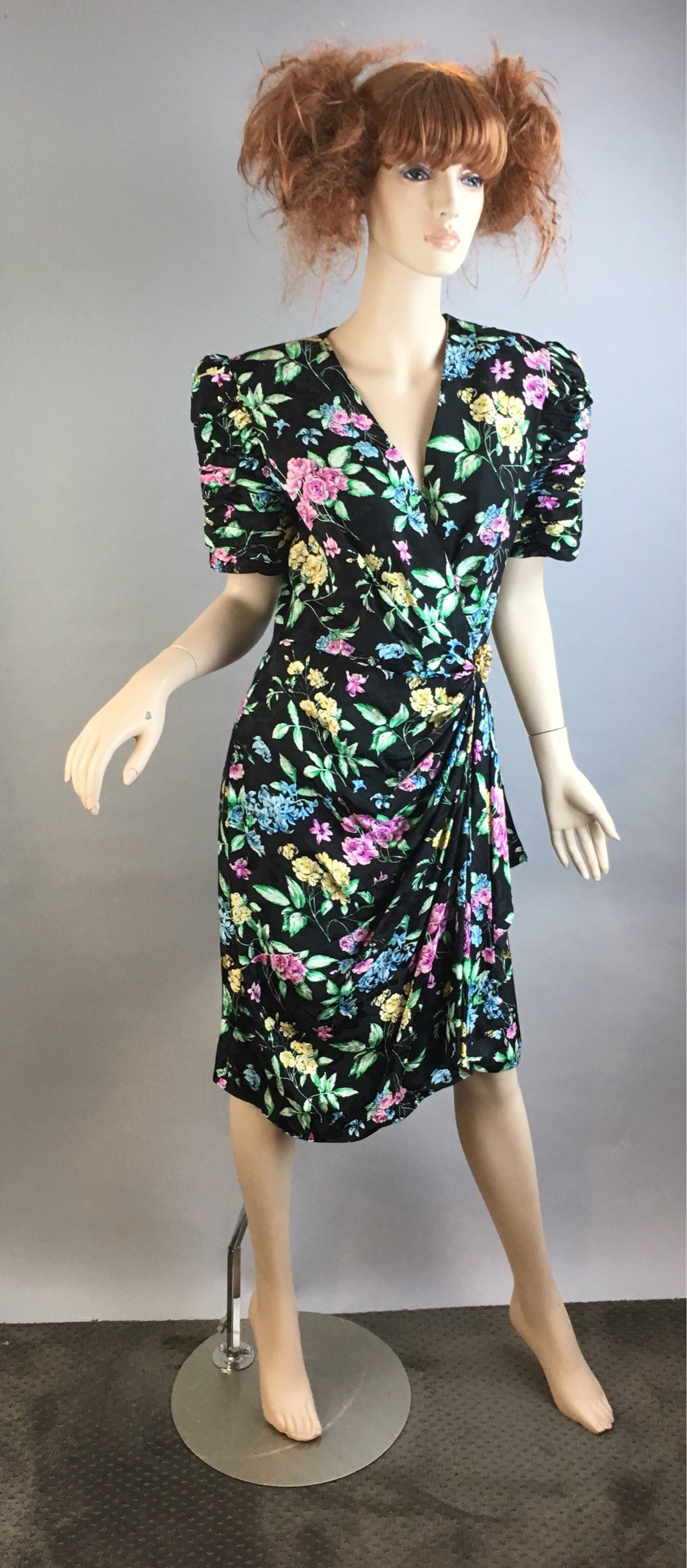 80s Dynasty Dress// 80s Big Shouldered silk Floral Dress// Etsy