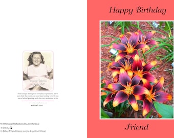 Happy Birthday Friend Card, Purple and Yellow Lilies