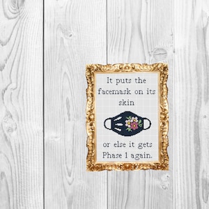 May include: Cross-stitch art in a gold frame with the text "It puts the facemask on its skin or else it gets Phase 1 again." The artwork features a black facemask with floral accents.