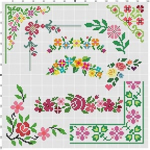 May include: A collection of 12 cross-stitch patterns featuring floral designs, including corners, borders, and wreaths. The patterns are in shades of pink, green, yellow, and blue.
