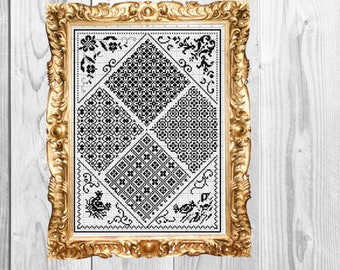 Blackwork Sampler  -Retro Vintage Cross Stitch Pattern - Instant Download