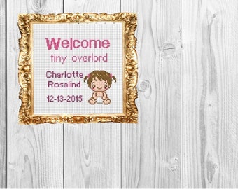 Welcome Tiny Overlord - Custom Baby Announcement Cross Stitch - New baby pattern - Digital Download