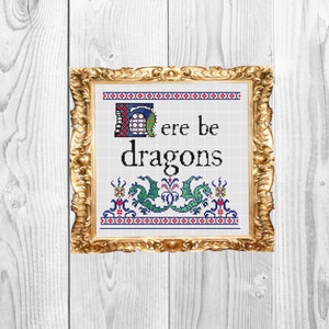 Here be dragons -  Vintage and Retro Modern Cross Stitch Pattern - Instant Download